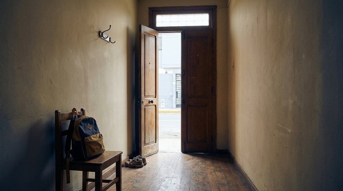 Entrada de una casa en Lima con la puerta abierta, un gancho vacío y una mochila escolar sobre una silla