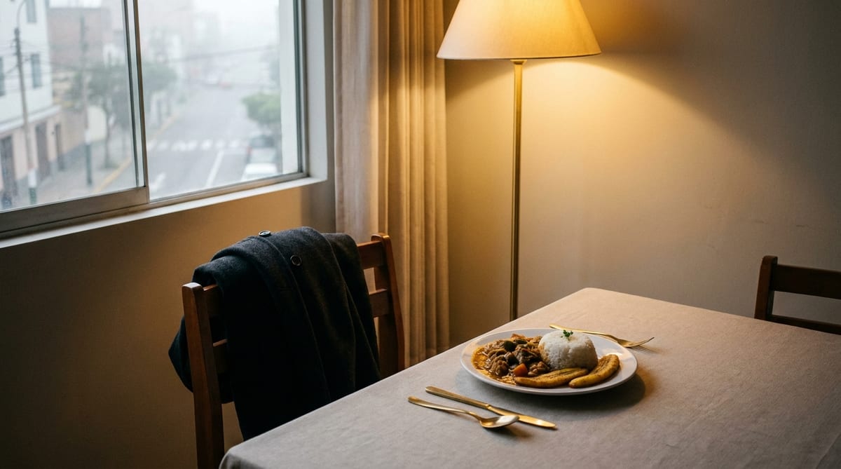 Mesa de comedor con una sola silla ocupada por un abrigo doblado y un plato servido para una persona, con luz de lámpara cálida