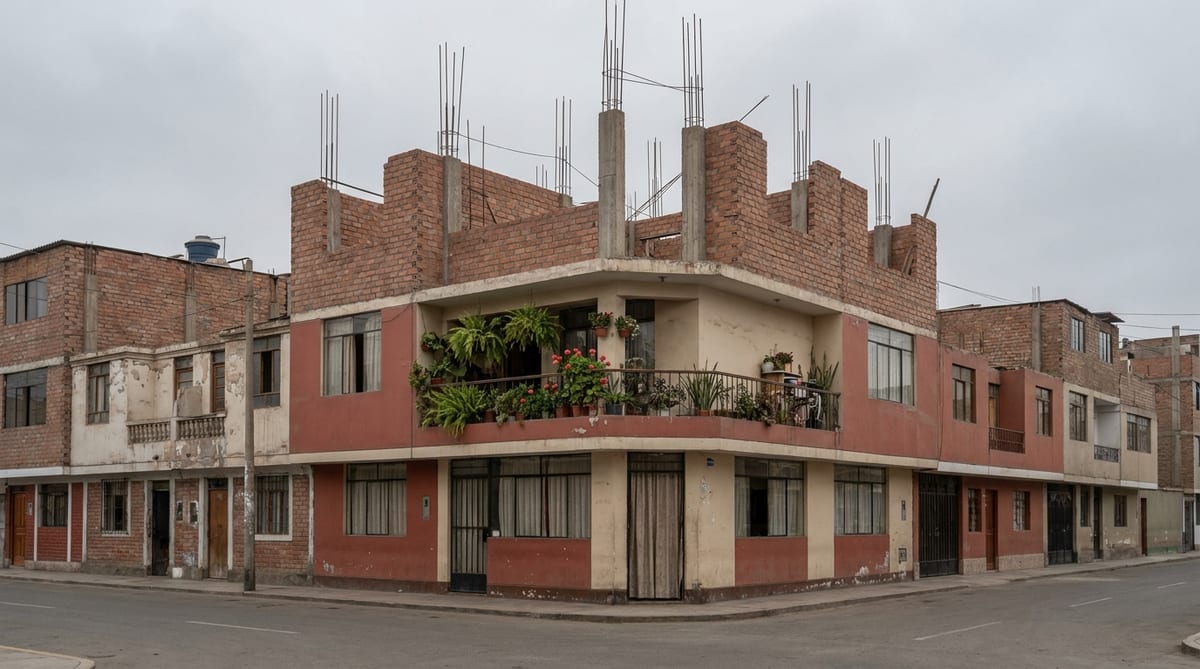 Casa familiar de dos pisos en Lima con una tercera planta a medio construir, con ladrillo expuesto y varillas de acero al aire