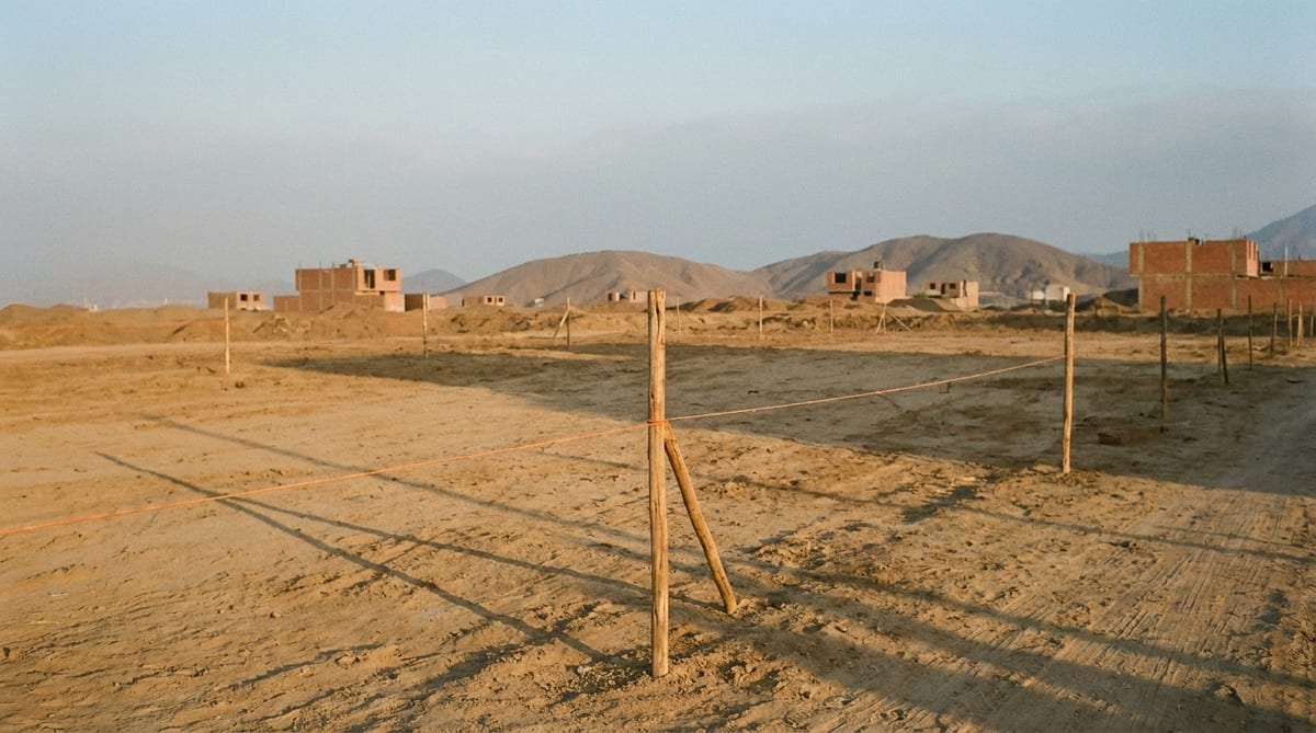 Terreno sin construir con estacas de madera marcando los linderos al atardecer, con cerros de Lima al fondo