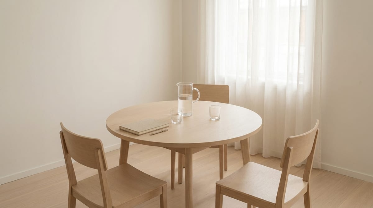 Mesa redonda de una sala de conciliación con tres sillas, una jarra de agua y dos vasos, junto a una ventana