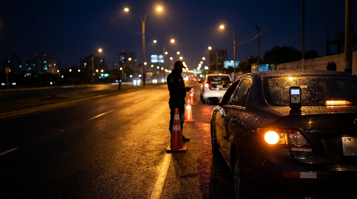 Control policial de alcoholemia de noche en una avenida de Lima, con conos de tránsito y un alcoholímetro sobre el techo de un auto