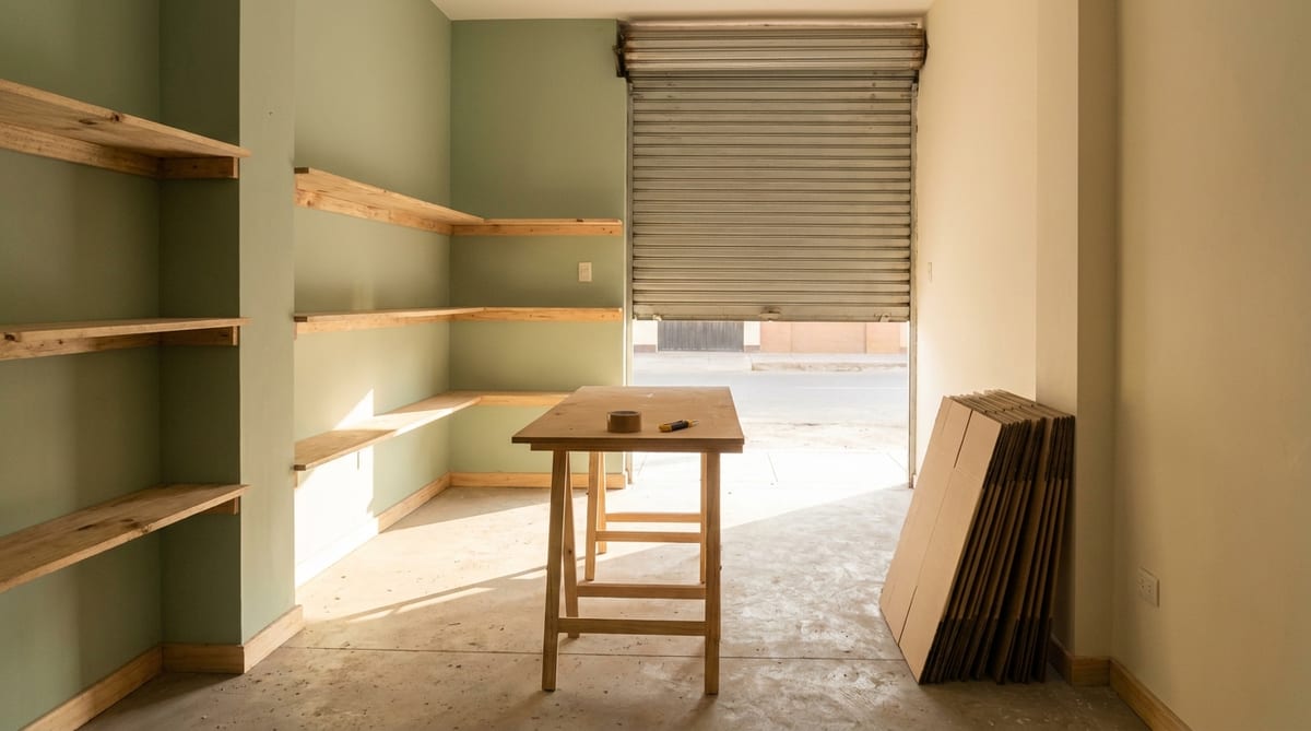Local comercial pequeño recién acondicionado en Lima, con estantes vacíos, una mesa de trabajo y luz de mañana entrando por la puerta