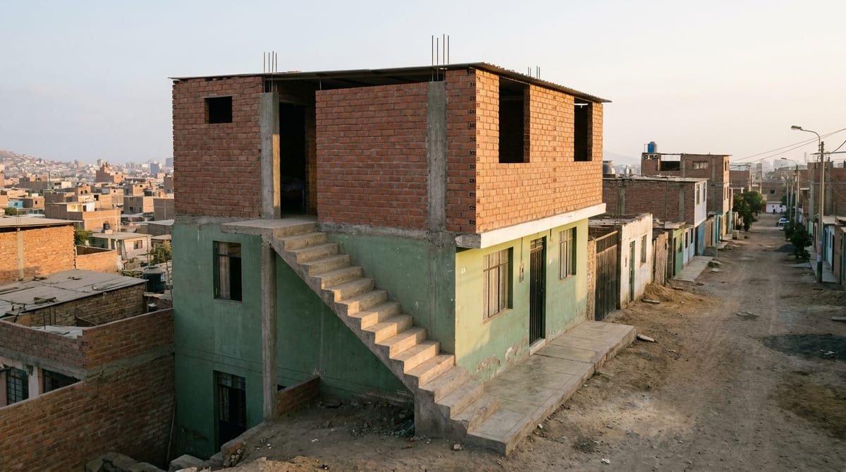 Escalera exterior de concreto que sube a un segundo piso de ladrillo recién construido sobre una casa familiar pintada de verde