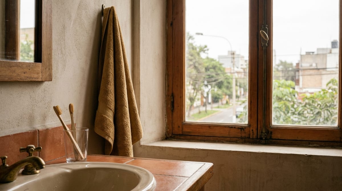 Dos cepillos de dientes en un vaso junto al lavatorio de un baño doméstico, con una sola toalla colgada