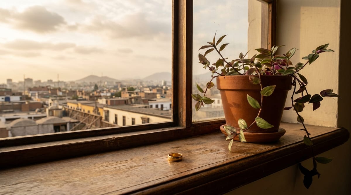 Anillo de matrimonio sobre el alféizar de una ventana con luz de tarde, junto a una planta en maceta