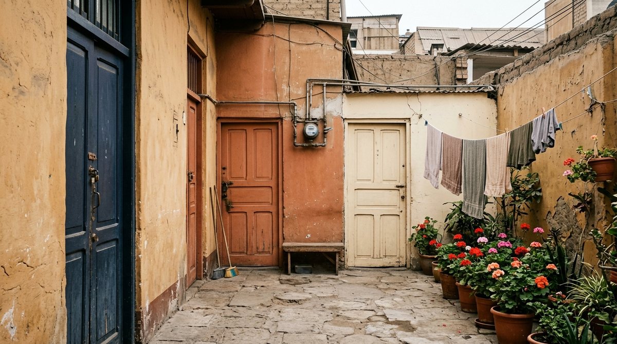 Patio compartido de una quinta en Lima con tres puertas de distintos colores, macetas con geranios y un tendedero