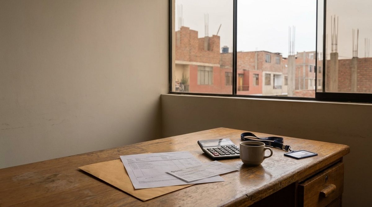 Escritorio junto a una ventana en Lima con una boleta de pago, un comprobante de depósito, una calculadora y una taza de café