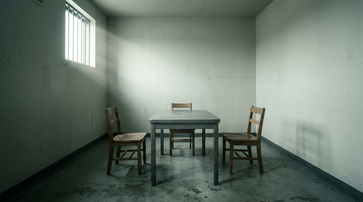 Silla de madera vacía frente a una mesa metálica en una sala de declaraciones, iluminada por una ventana alta
