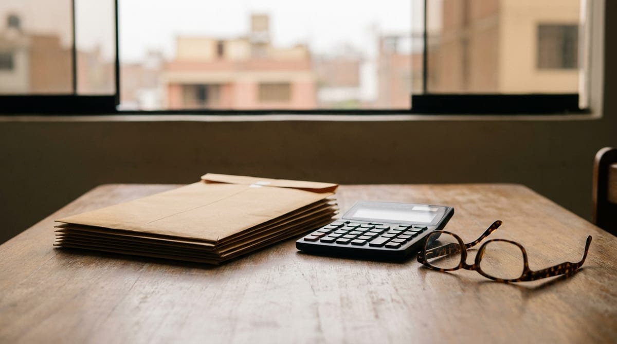 Sobres cerrados apilados sobre una mesa de cocina junto a una calculadora apagada y un par de anteojos