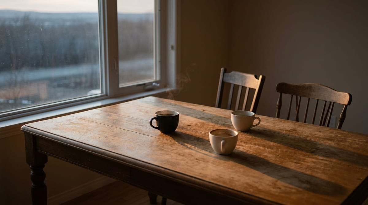 Dos tazas de café sobre una mesa de comedor, una llena y otra vacía, con dos sillas separadas y luz de tarde