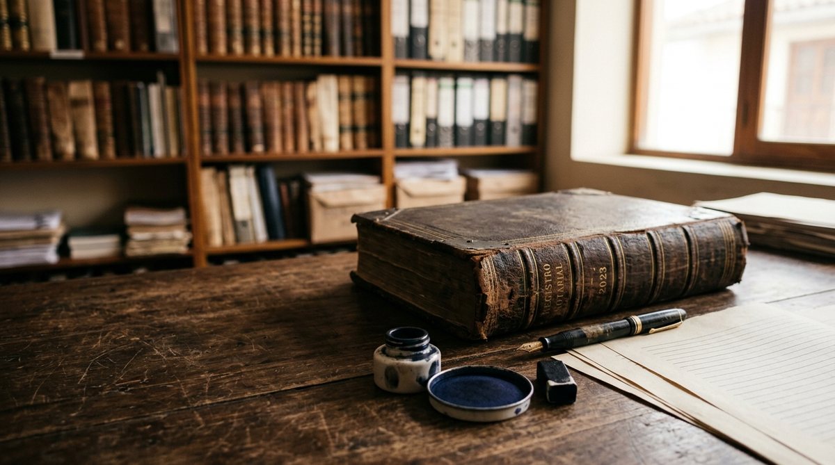 Tomo de registro notarial, pluma, tampón para huella digital y hojas sobre el escritorio de una notaría