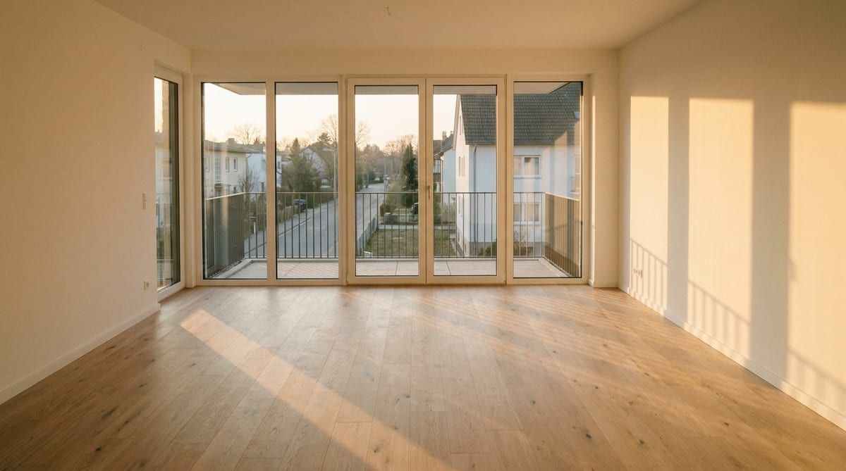Departamento vacío recién entregado, con piso de madera, ventanales al balcón y la luz de la tarde entrando sin cortinas