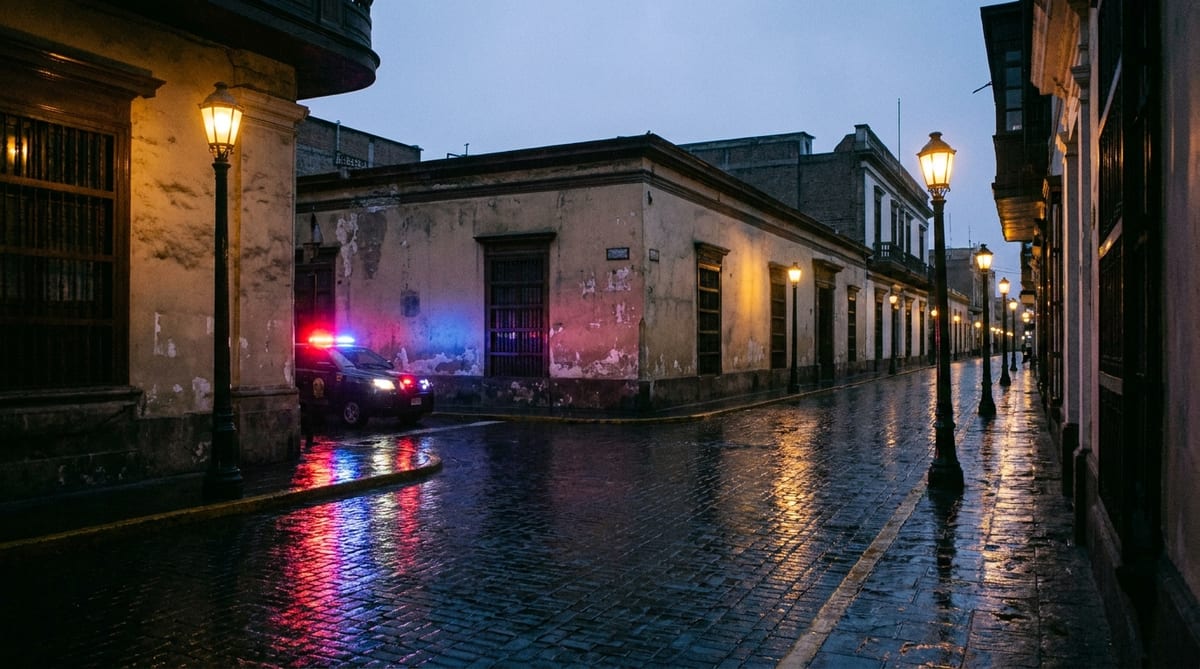 Esquina de una calle de Lima al anochecer con la luz roja y azul de una baliza policial reflejada en la pared y en la vereda mojada
