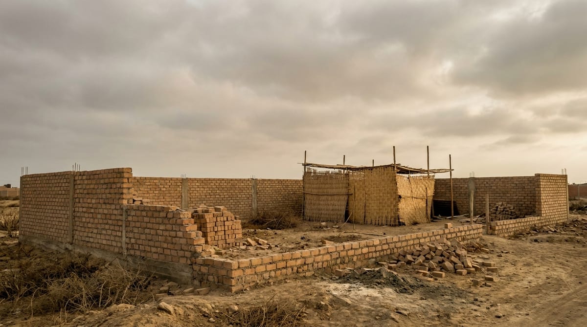 Terreno cercado con un muro de ladrillo a medio levantar y una precaria estructura de esteras en su interior, bajo un cielo gris de Lima
