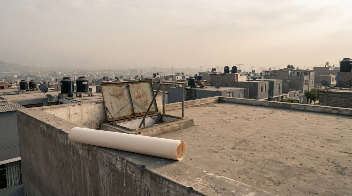 Plano arquitectónico enrollado sobre el parapeto de una azotea, con la escalera de acceso y los tanques de agua de las casas vecinas al fondo