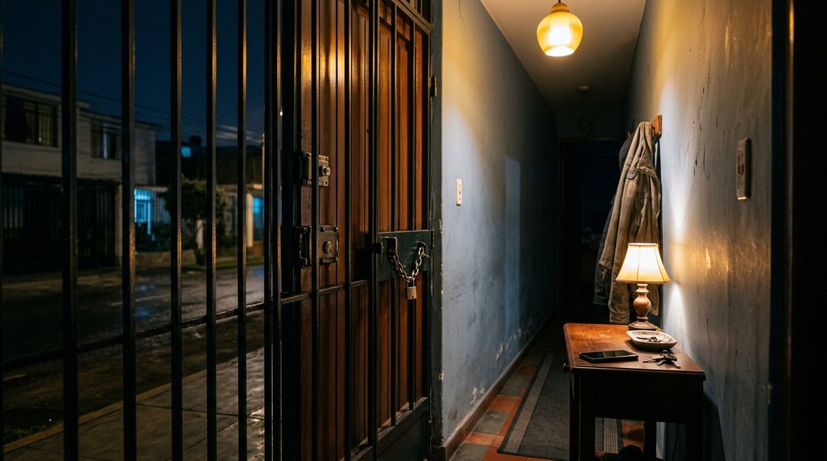 Pasillo de una casa en Lima de noche, con la reja de seguridad cerrada y una lámpara encendida junto a la puerta