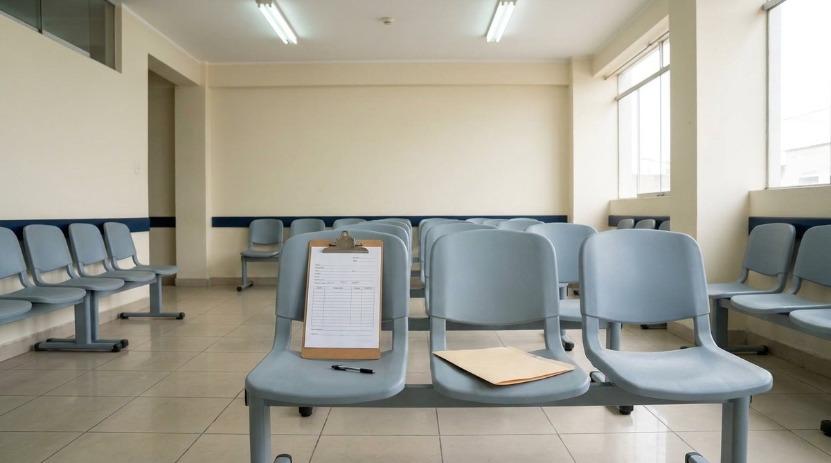 Sala de espera vacía de un servicio de medicina legal con un formulario en blanco sobre una silla