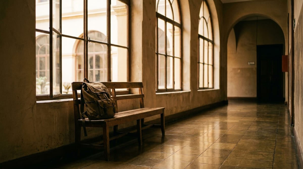 Mochila escolar olvidada sobre una banca de madera en un pasillo institucional vacío, con luz de ventana lateral