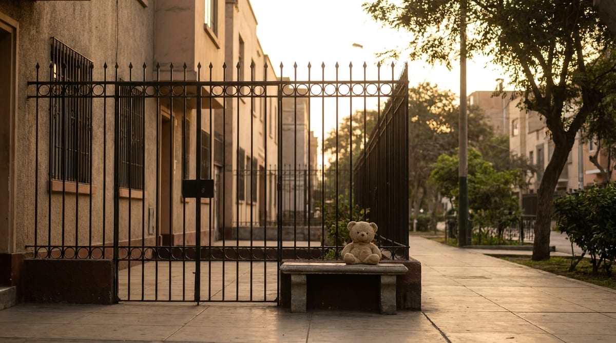 Reja de un edificio residencial vista desde la vereda al atardecer, con un pequeño peluche olvidado en la banca de la entrada