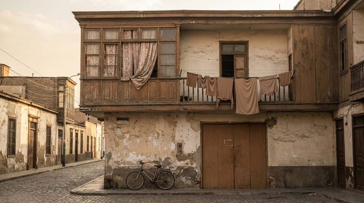 Ventana de una casa antigua de dos pisos con cortinas gastadas y ropa tendida en un cordel, vista desde la calle