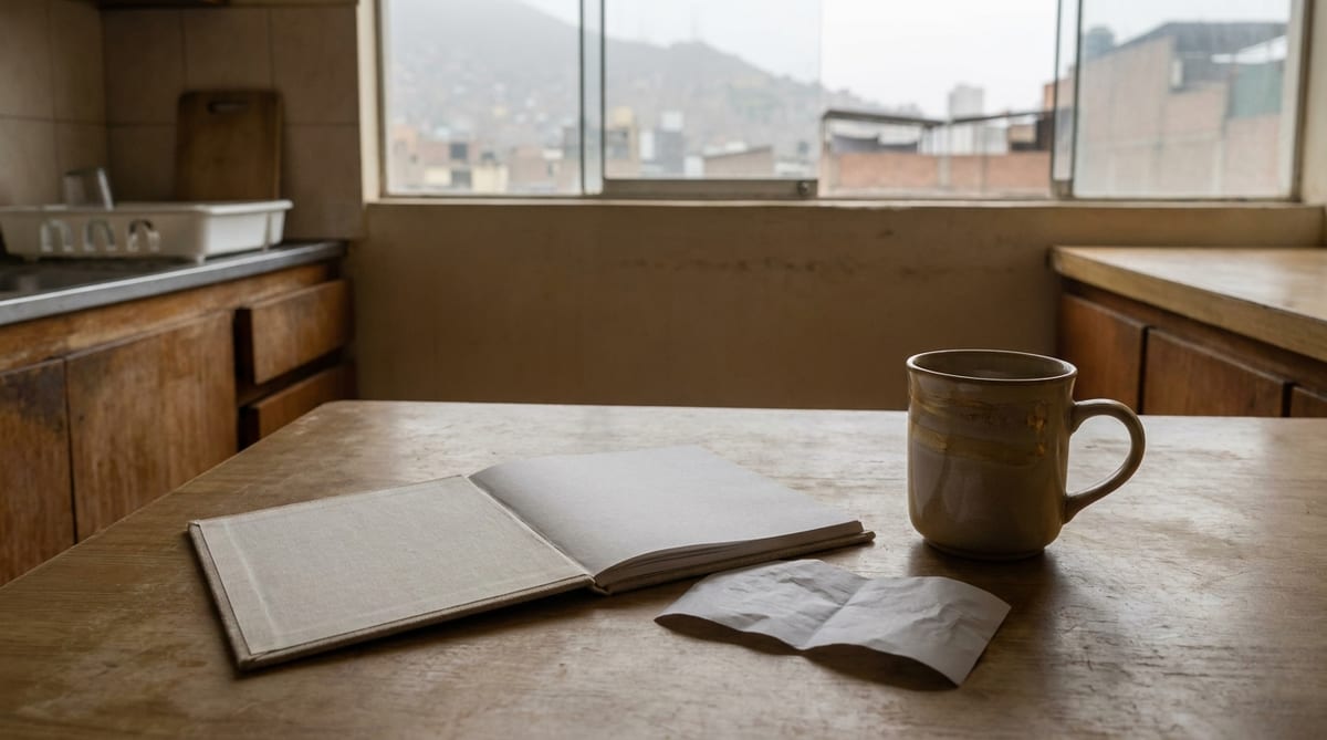 Libreta de ahorros abierta en blanco sobre una mesa de cocina junto a un recibo de colegio sin textos y una taza vacía