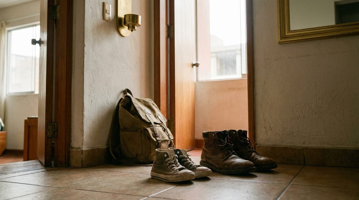 Par de zapatillas pequeñas de niño junto a un par de zapatos de adulto en la entrada de un departamento, con una mochila apoyada en la pared