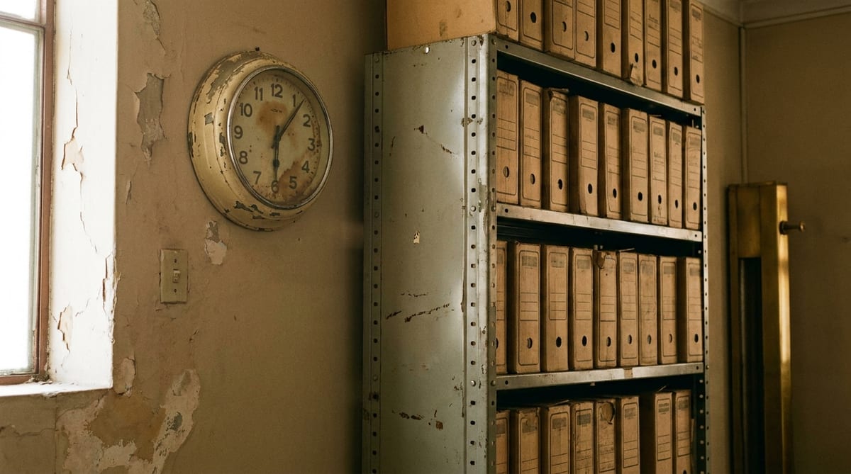 Reloj de pared analógico en una oficina pública con la pintura descascarada, junto a un estante metálico con cajas de archivo sin etiquetas