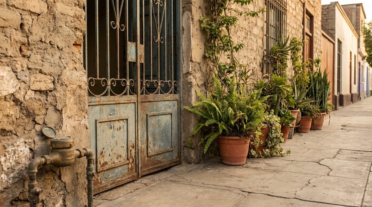 Puerta de fierro de una casa antigua de barrio con la pintura gastada, un medidor de agua al lado y plantas en macetas sobre la vereda
