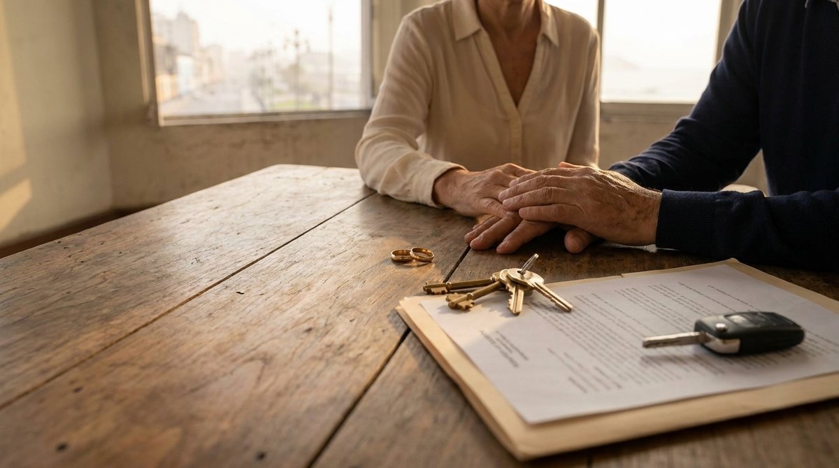 Manos de una pareja sobre la mesa del comedor junto a sus aros de matrimonio, las llaves de la casa y del auto y una carpeta de documentos
