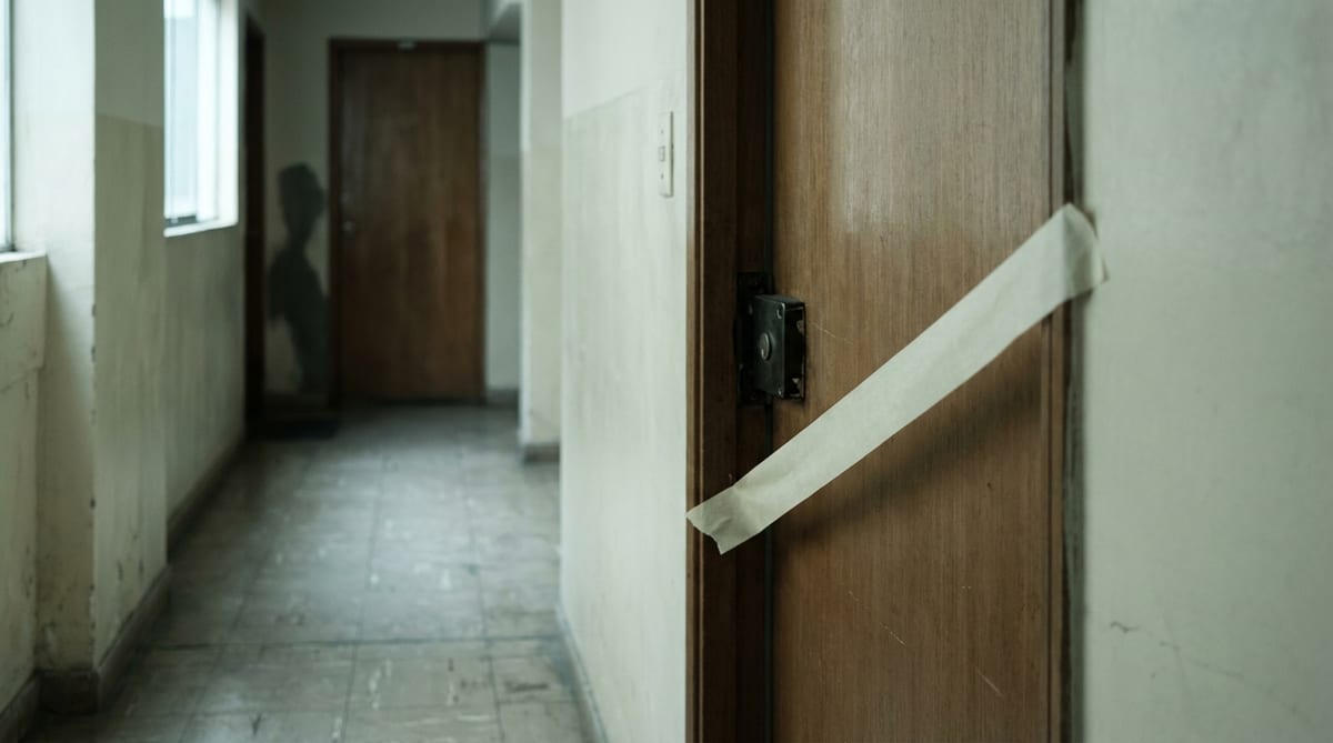 Puerta de un departamento con un precinto judicial de papel cruzado sobre la cerradura, en el pasillo de un edificio