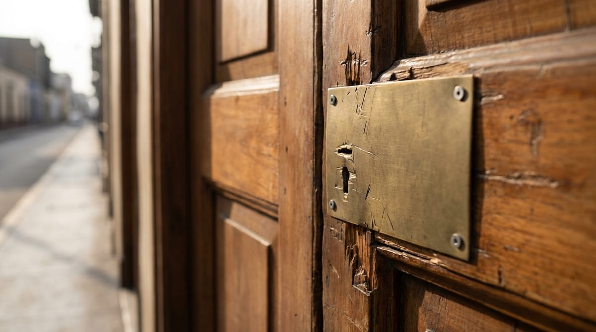 Cerradura de una puerta de madera forzada y reparada con una placa metálica nueva, con marcas visibles en la madera