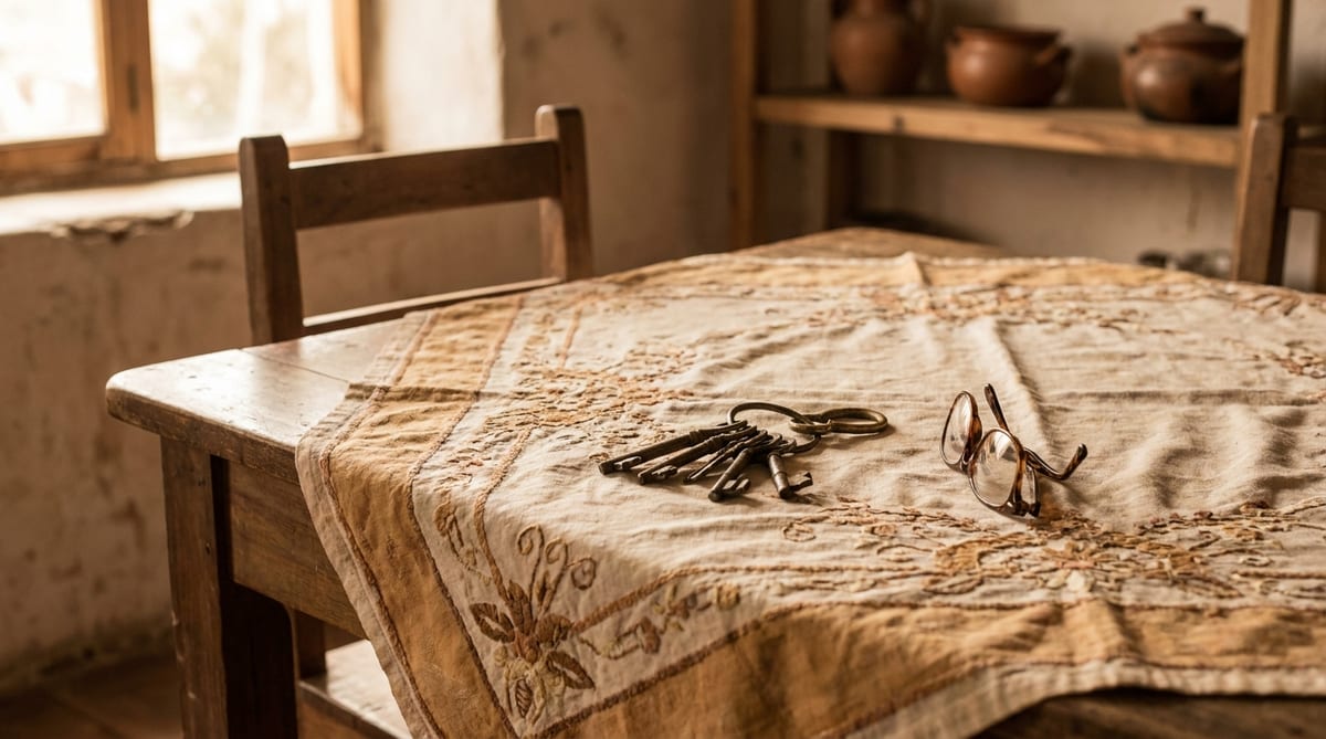 Llavero antiguo con varias llaves sobre el mantel bordado de una mesa de comedor familiar, junto a una silla vacía