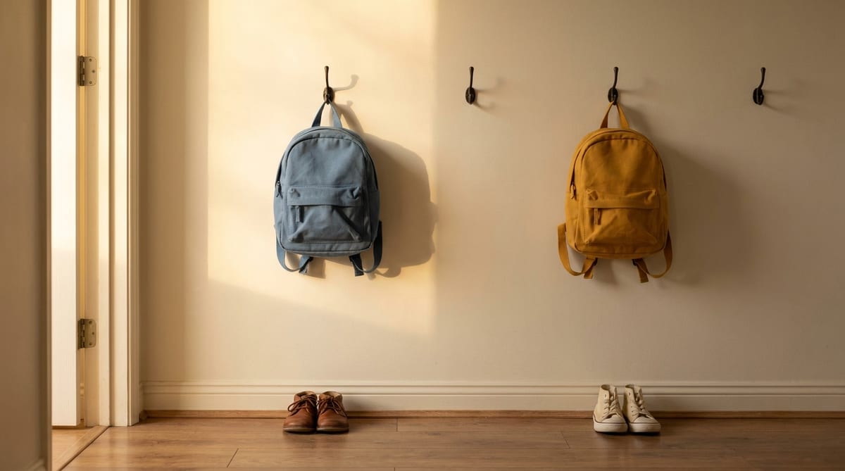 Dos mochilas escolares pequeñas colgadas en ganchos distintos de un pasillo, con un par de zapatillas debajo de cada una