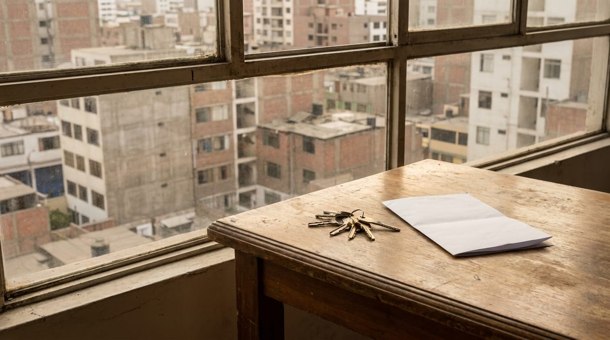 Llaves de un departamento sobre un contrato doblado en una mesa, junto a una ventana con vista a edificios de Lima